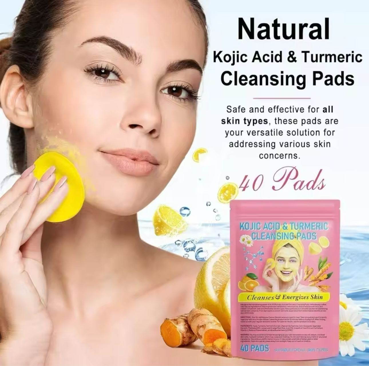 Turmeric Kojic Acid Cleansing 40 Pads Exfoliating Pads Facial Sponges For Cleansing Exfoliating Daily Cleaning Skin Care