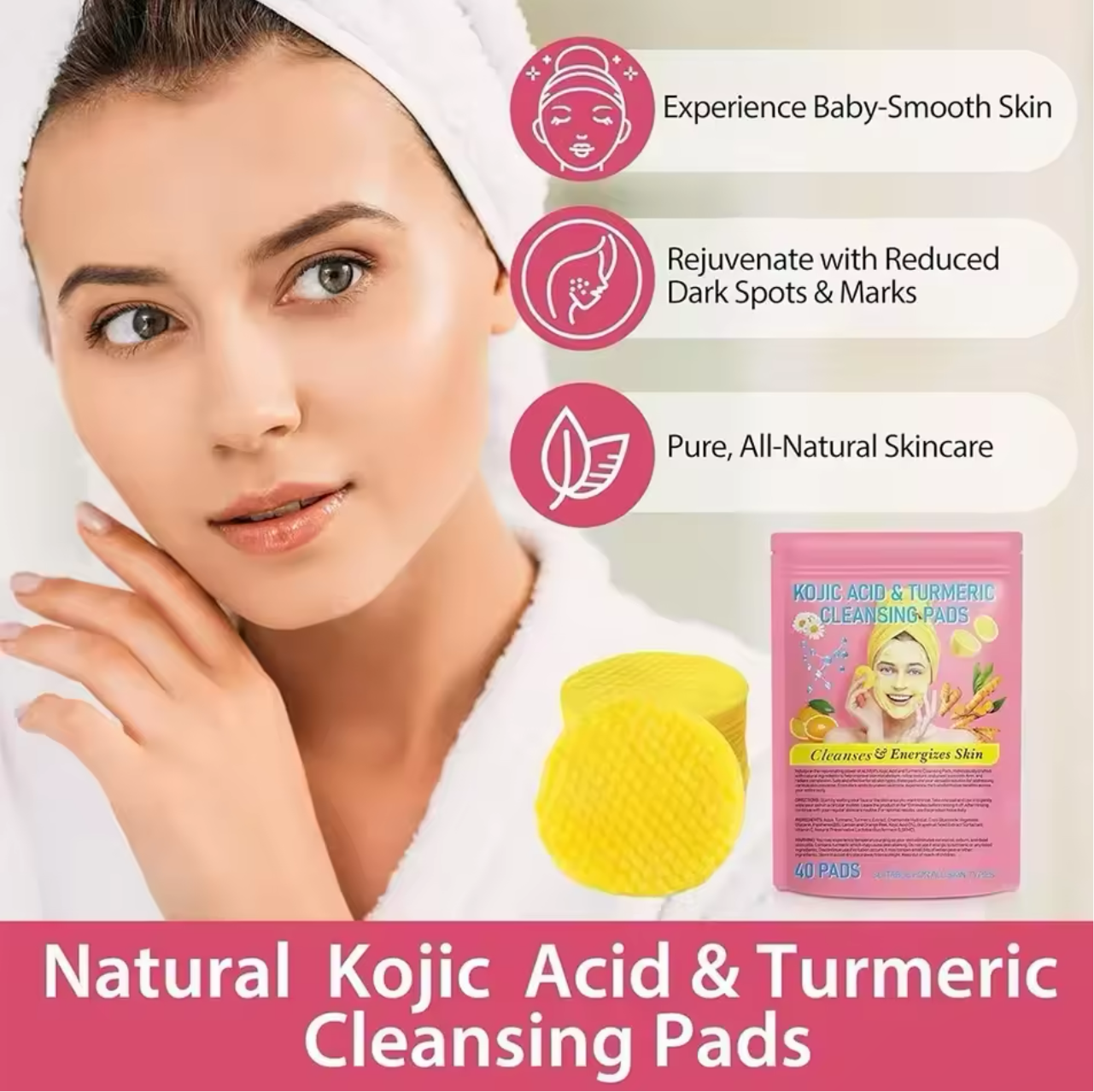 Turmeric Kojic Acid Cleansing 40 Pads Exfoliating Pads Facial Sponges For Cleansing Exfoliating Daily Cleaning Skin Care